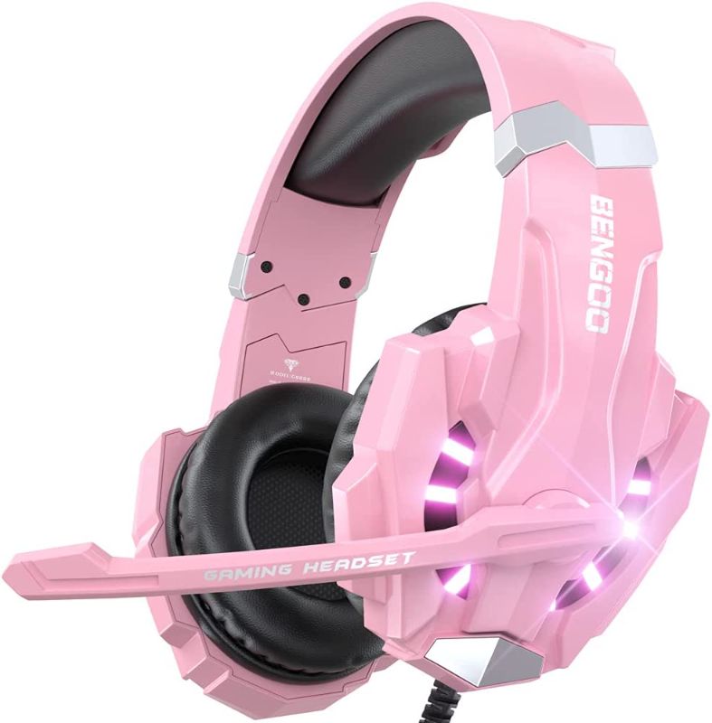 Photo 1 of BENGOO G9000 Professional Gaming Headset for PS4, PC, Xbox One Controller, Noise Cancelling Over Ear Headphones with Mic, LED Light, Bass Surround, Soft Memory Earmuffs for Laptop Nintendo - Pink
