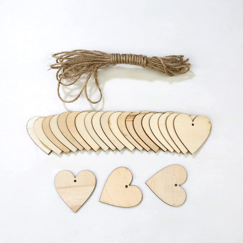 Photo 1 of 100 Pieces 2" Natural Heart Wood Slices, DIY Wooden Ornaments Unfinished Predrilled Wooden Heart Embellishments with Natural Twine for Valentine's Day, Wedding,Thanksgiving, Christmas 