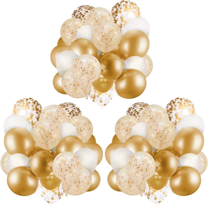 Photo 1 of 60 Pack Gold Balloons + Gold Confetti Balloons w/Ribbon | Balloons Gold | Gold Balloon | Gold Latex Balloons | Golden Balloons | White and Gold Balloons 12 inch | Clear Balloons with Gold Confetti |
