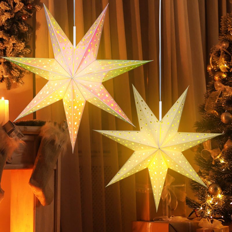 Photo 1 of 2 Pieces Paper Star Lantern Decoration 7 Pointed Star Paper Lantern Laser Pink and White Paper Lantern Ceiling Lampshade Hanging Ornament for Valentine's Day Weddings Birthday Party Supplies 19.7 Inch