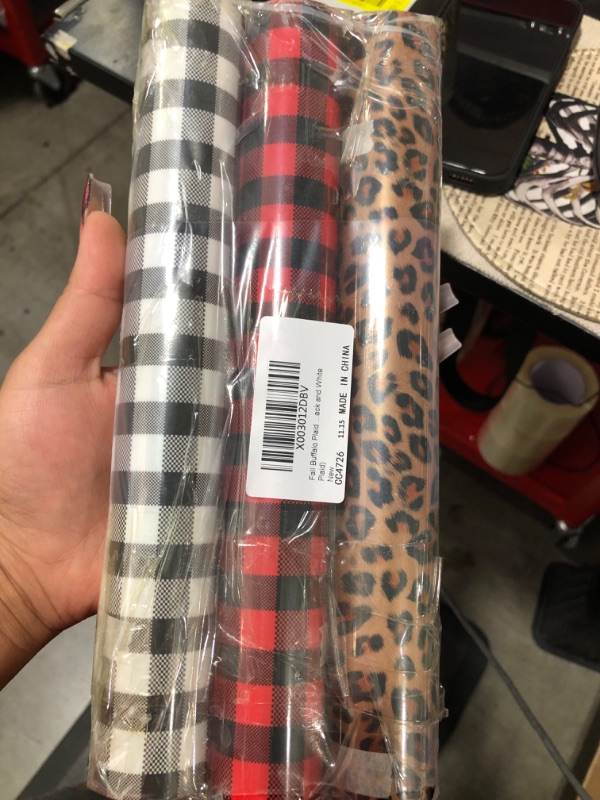 Photo 2 of Christmas Buffalo Plaid Heat Transfer HTV Iron on Vinyl Adhesive Sheet 10in x 15ft 3 Rolls Xmas Patches Reflective DIY Fabric T-Shirts Crafts Christmas Decoration (Leopard Red Black and White Plaid)