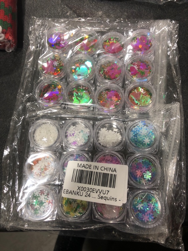 Photo 1 of 24 Boxes Christmas Nail Art Sequins Holographic Snowflake Glitter Flakes EBANKU Snowman Elk Stars Trees Design Confetti Nail Sequin for Nail Craft Resin Decorations