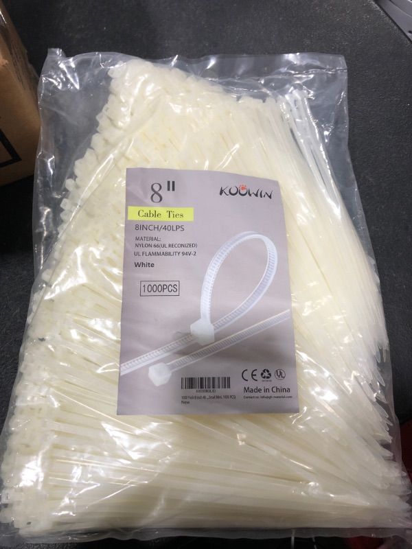 Photo 2 of 1000 Pack 8 Inch Bulk KOOWIN Nylon Plastic Cable Zip Ties Medium Wire Wraps White
