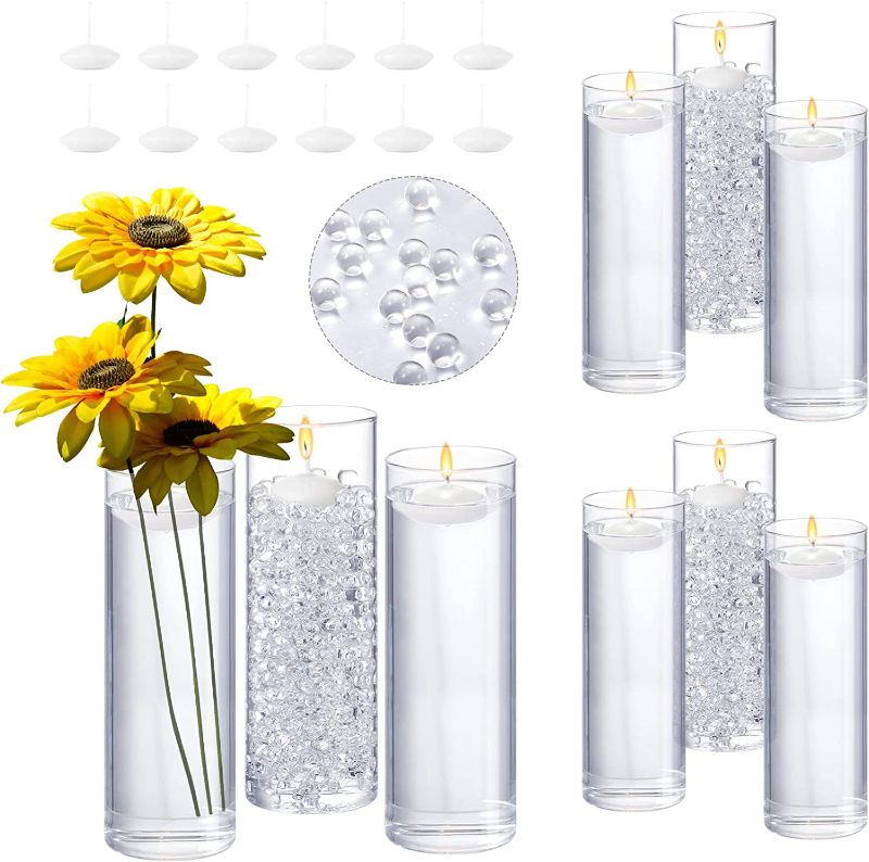 Photo 1 of 6 Pack Glass Cylinder Vases 5.9, 7.9, 9.8 Inch Water Filler Beads White Floating Candles for Centerpieces Tables Wedding Home Decoration (9.8 Inch Tall)
