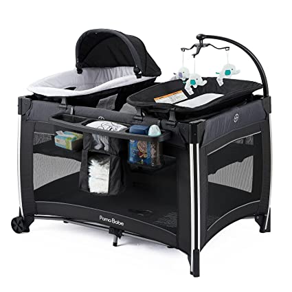 Photo 1 of amo Babe 4 in 1 Portable Baby Crib Deluxe Nursery Center, Foldable Travel Playard with Bassinet, Mattress, Changing Table for Newborn, Infant, Toddler(Black)