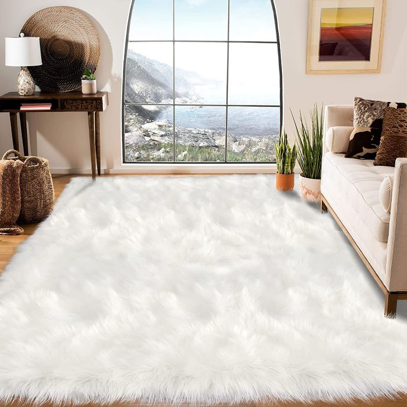 Photo 1 of  Faux Fur Sheepskin Rug for Living Room, Fluffy Washable Rug for Bedroom, Playroom, Luxury Room Decor, White Rug for Bedroom Fluffy, Rectangle
