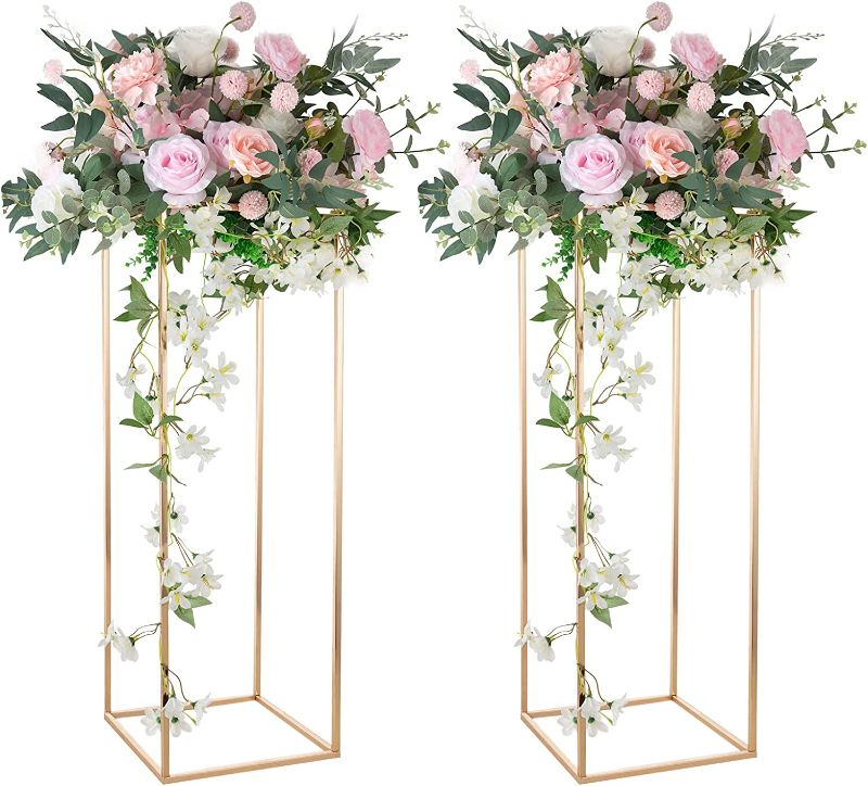 Photo 1 of  Wedding Centerpieces Vase, Metal Floor Vase Column Flower Stand Geometric Wedding Road Lead Stand Rack Stage Shelf ,Rectangular Display Rack, for Wedding Party Table Dinner Home Decoration
