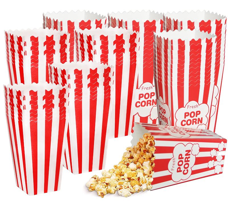 Photo 1 of  Mini Popcorn Boxes for Movie Night,Individual Candy Snack Containers Popcorn Bags for Party,Nostalgic Red & White Striped Cardboard Popcorn Holders for Carnival Birthday Wedding Decorations
