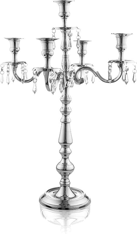 Photo 1 of  Traditional 24 Inch Silver Candelabras 5 Candle With Crystal Drops - Classic Elegant Design - Wedding, Dinner Party And Formal Event Centerpiece - Nickel Plated Aluminum