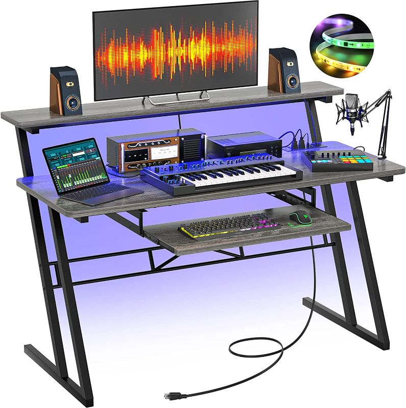 Photo 1 of armocity Music Studio Desk with Power Outlets and RGB LED Lights, Music Production Desk for Recording, Studio Workstation Desk for Producer, Music Table for Studio, Grey Oak
