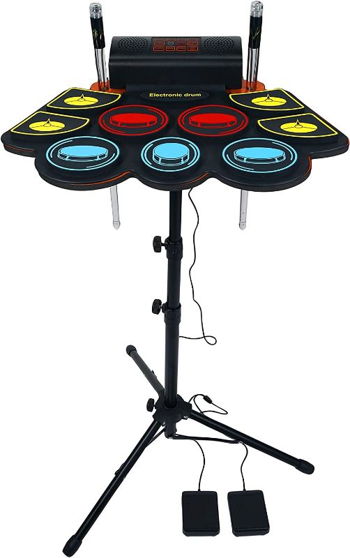 Photo 1 of (9 Pads) Electronic Drum Set with Light Up Drumsticks and Stand, Electronic Drum Pad with 5 Different Drum Kit, 10 Unique Rhythms, Bulit-in Double Speakers, Roll Up Drum Kit, Kids Drum Set
