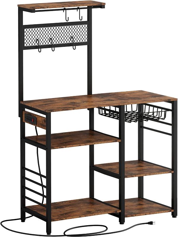 Photo 1 of IRONCK Bakers Rack, Microwave Stand with Power Outlet, Industrial Coffee Bar with Wire Drawer for Kitchen, Living Room Easy Assembly and Save Space Vintage Brown

