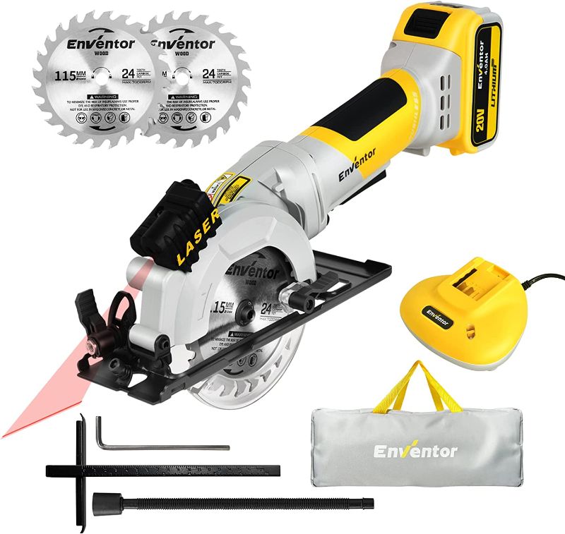 Photo 1 of Brushless Mini Circular Saw, ENVENTOR 20V Cordless Circular Saw 3800RPM with Laser Guide, 4.0AH Battery, Fast Charger, 2 Saw Blades 4-1/2" Max Cutting Depth 1-11/16"(90°), 1-1/8"(45°) for Wood, PVC
