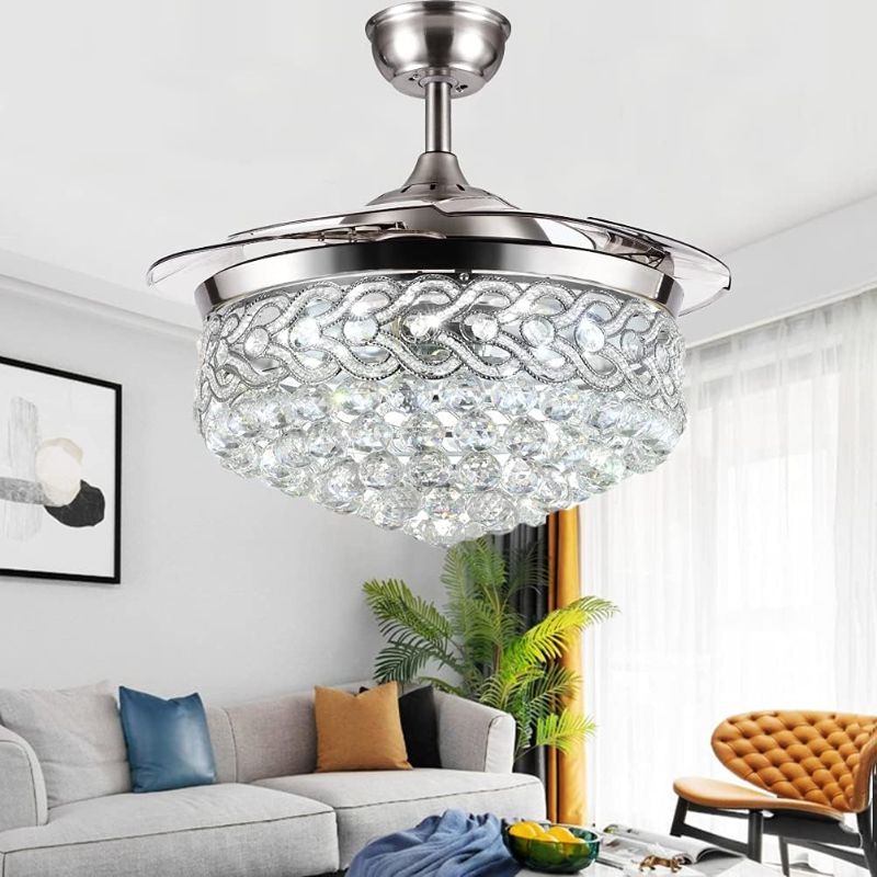 Photo 1 of 42" Modern LED Ceiling Fan with Remote,3 Color Changes Retractable Crystal Silver Chandelier Fandelier