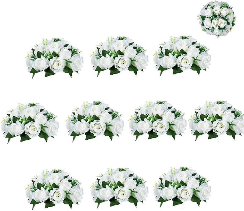 Photo 1 of Flower Balls Wedding Rose Centerpieces: 10 Pcs Fake Flowers with Base White Kissing Balls Decor White Artificial Floral Arrangements Flower Bouquet of Roses Home Party Table DIY Decorations
