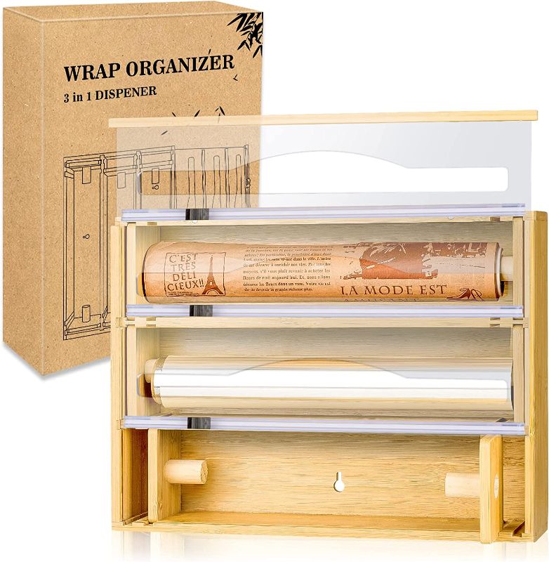 Photo 1 of 3 In 1 Bamboo Plastic Wrap Dispenser with Cutter, for Plastic Wrap, Wax Paper, Aluminum Foil, Fits 12" Roll, Housewarming Mother's Day Gifts Present

