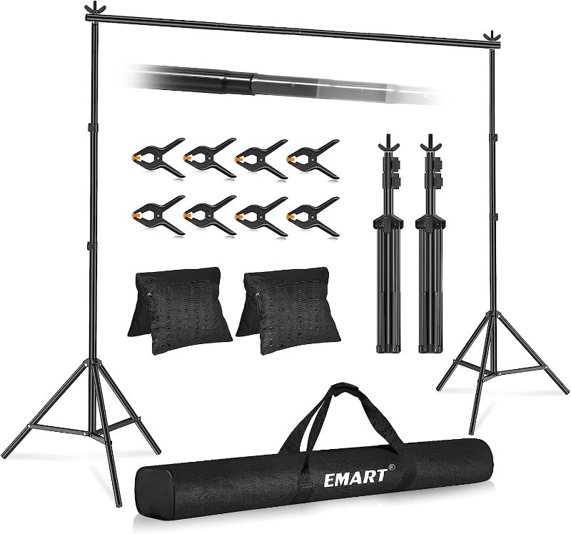 Photo 1 of Emart Backdrop Stand 10x7ft(WxH) Photo Studio Adjustable Background Stand Support Kit with 2 Crossbars, 8 Backdrop Clamps, 2 Sandbags and Carrying Bag for Parties Wedding Events Decoration
