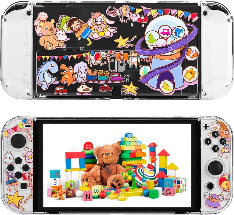 Photo 1 of RHOTALL Clear Cover Case Compatible with Nintendo Switch OLED, Transparent Shell with Cute Pattern Design for Switch OLED Console, Comfort Grip Shell for Joycon Controller - Toy Room 