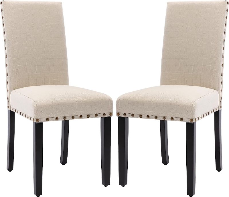 Photo 1 of  Upholstered Dining Chairs with Nailhead Trim,Set of 2 Fabric Parsons Dining Chairs with Solid Wood Legs, Kitchen Chairs for Vintage Style and Modern Decoration (Beige)