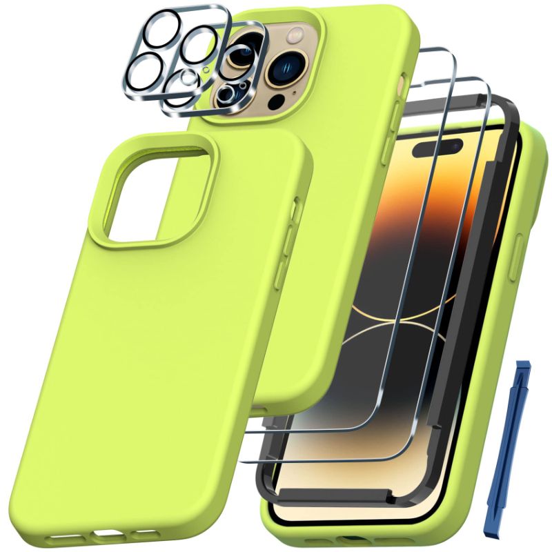 Photo 1 of QHOHQ [5 in 1] for iPhone 14 Pro Case, with 2X Screen Protector + 2X Camera Lens Protector, Soft Silicone Military Shockproof Slim Thin Phone Case 6.1 Inch, Fluorescent Yellow