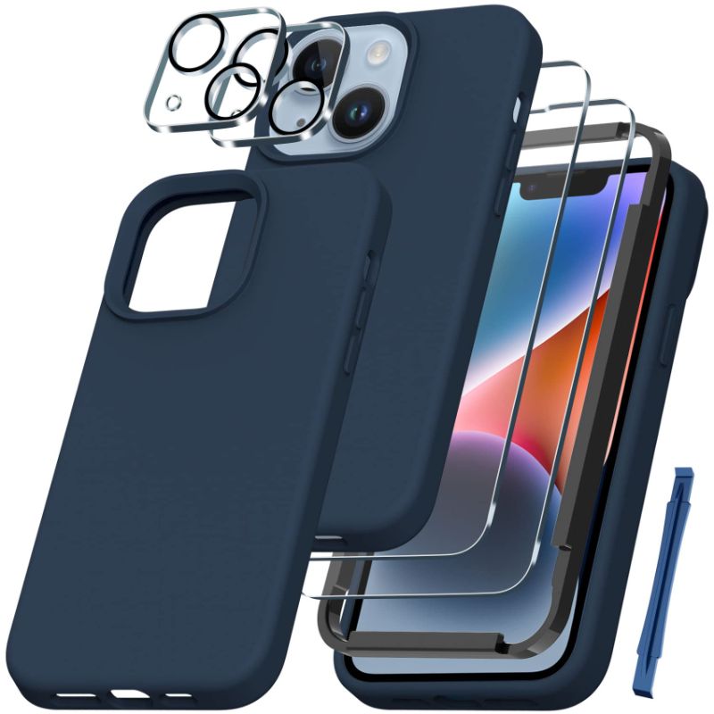 Photo 1 of QHOHQ [5 in 1] for iPhone 14 Plus Case, with 2X Screen Protector + 2X Camera Lens Protector, Soft Silicone Military Shockproof Slim Thin Phone Case 6.7 Inch for Men and Women, Navy Blue