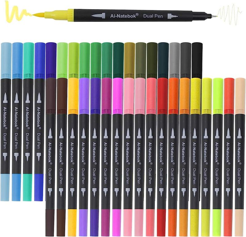 Photo 1 of ai-natebok Dual Brush Marker Pens, Coloring Pens, 36 Colors 0.4 Fine Tip Markers & Brush Pen for Adult Coloring Books Bullet Journal Note Taking Writing Planning Art Project
