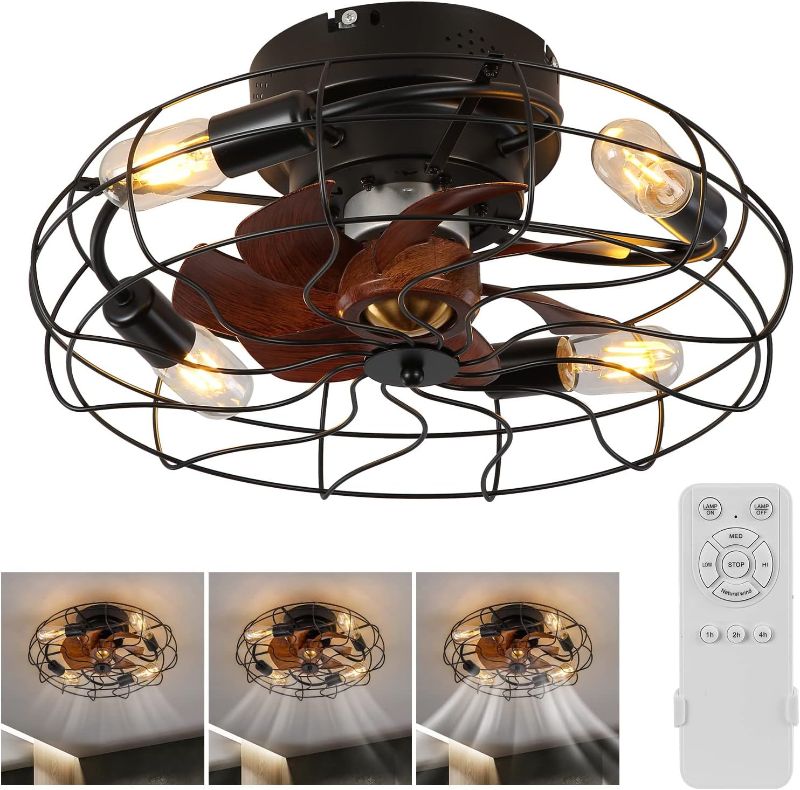 Photo 1 of 21'' Caged Low Profile Ceiling Fans With Light, Flush Mount Farmhouse Quiet Fandelier With Remote Control, Dimmable/Wind Speed/Timer/with 4*bulb, Small Enclosed Bladeless Bedroom Kitchen Ceiling Fan
