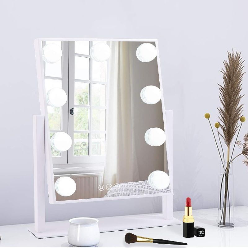 Photo 1 of  Lighted Makeup Mirror Hollywood Mirror Vanity Mirror with Lights, Touch Control Design 3 Colors Dimable LED Bulbs, Detachable 10X Magnification, 360°Rotation, White.