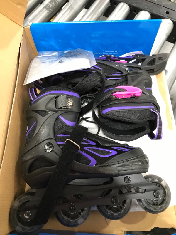 Photo 2 of 2PM SPORTS Vinal Girls Adjustable Flashing Inline Skates, All Wheels Light Up, Fun Illuminating Skates for Kids and Men- Azure Small (1Y-4Y US) Violet & Magenta Medium - Big Kid (1-4 US)