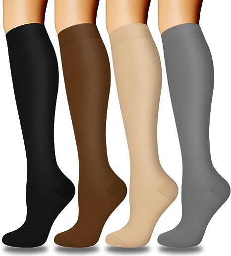 Photo 1 of Aoliks 4 Pairs Compression Socks for Women and Men 15-20 mmHg, Best Support for Nurses,Athletic,Flying Large-X-Large 01 Black/Grey/Brown/Navy