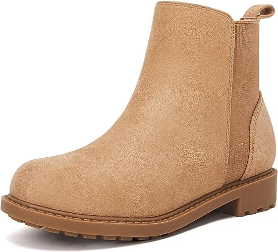 Photo 1 of [Size 10] LAICIGO Girl's Lug Sole Ankle Boots Chunky Heel Platform Round Toe Slip On Chelsea Booties- Little Kid Beige