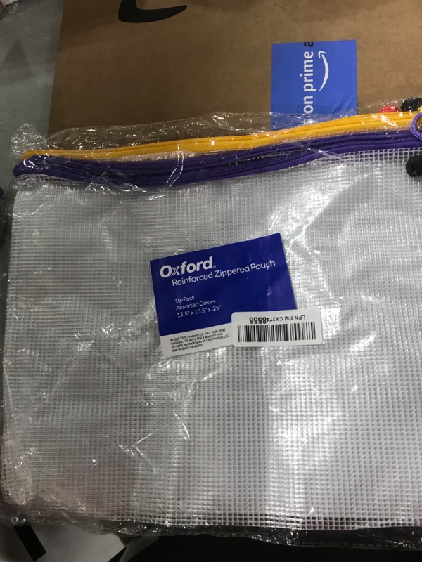 Photo 2 of Oxford Reinforced Zip Pouches, 10 Pack, 13-3/16" x 10-7/16", Translucent Poly Bag, White Mesh Lining, Red, Yellow, Green, Purple, Blue Zippers (77707)