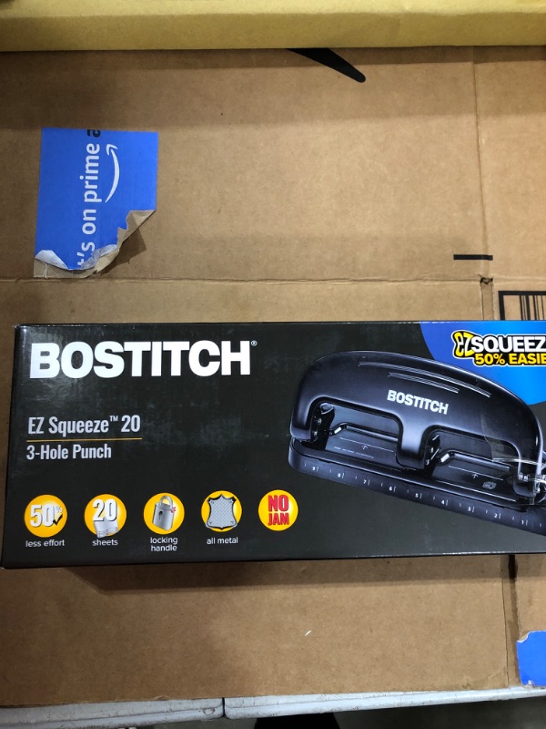 Photo 2 of Bostitch Office EZ Squeeze 20 Sheet Standard 3 Hole Punch, Metal Construction, Silver/Black (HP20) & Heavy Duty 40 Sheet Stapler, Small Stapler Size, Fits into The Palm of Your Hand; Black (B175-BLK) Black Punch + Stapler, Black