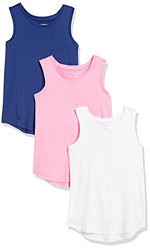 Photo 1 of Amazon Essentials Girls' Tank Top, Pack of 3, Blue/Pink/Bright White, Small
