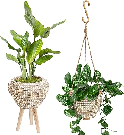 Photo 1 of 2 in 1 Seagrass Indoor Planter Basket Pot with Pluggable Wooden Stand, Wire Hanger, Modern Basket Pot Indoor Planter Up to 6 Inch Pot Storage, Organizer Basket Rustic Home Décor
