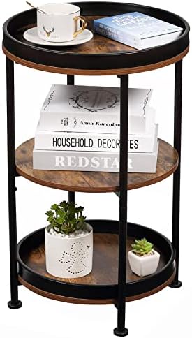 Photo 1 of Industrial Round End Table, 3 Tiers Round Side Table with Sturdy Metal Frame, Metal Round Sofa Table, Vintage Nightstand for Living Room Bedroom, Easy Assembly (Rustic Brown)