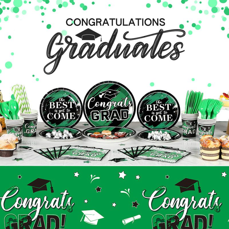 Photo 1 of 193 Pcs Congrats Grad Party Supplies Set Graduation Decoration Class of 2023 Graduate Tablecloth Cups Plates Napkins Tableware for Event Celebration Party Supply, Serves 24 (Green and White)