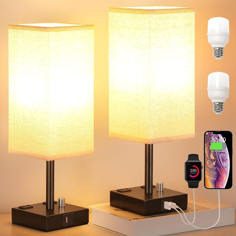 Photo 1 of Fully Dimmable Nightstand Lamps Set of 2 - Table Bedside Lamp with USB C+A Charging Ports See clerk notes below