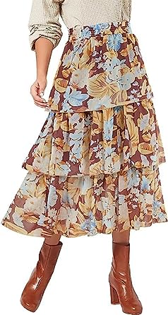 Photo 1 of Caitefaso Women Floral Print Bohemian Long Skirts Swing Tiered Elastic High Waist Pleated Maxi Skirt 
