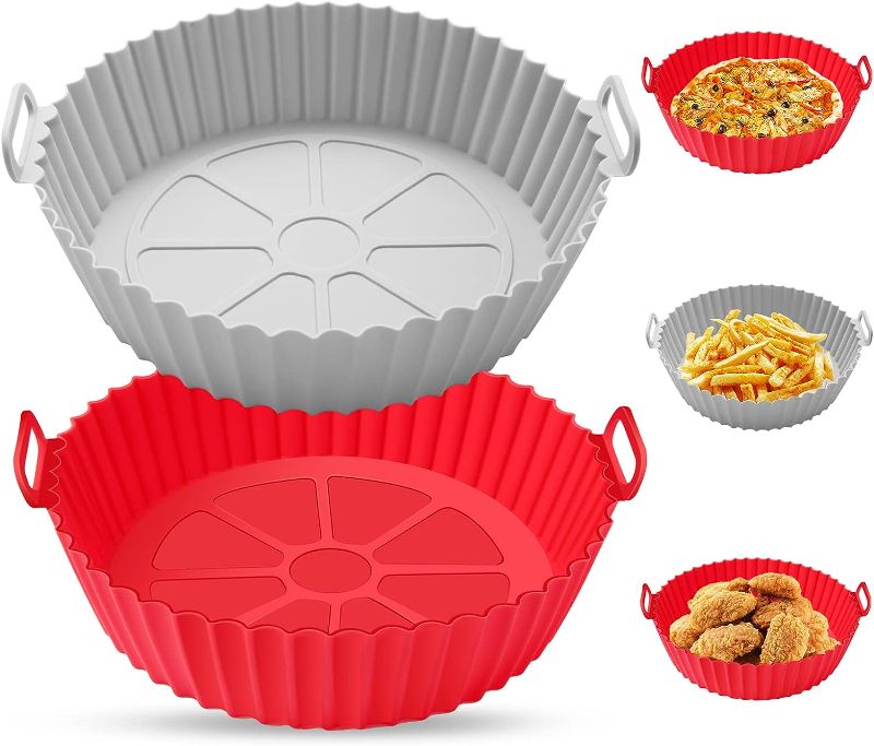 Photo 1 of 2 Pack Air Fryer Silicone Liners, 8inch Round Air Fryer Silicone Basket,Heat Resistant Easy Cleaning Air Fryers Oven Accessories, Reusable Air Fryer Silicone Bowl Fits 3 To 5QT (Red&Grey)
