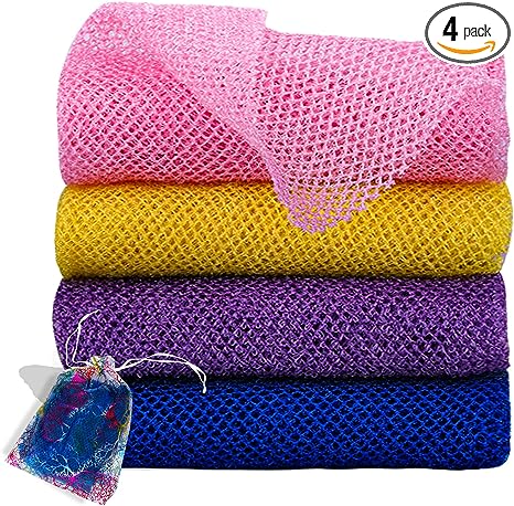 Photo 1 of African Net Sponge 4PCS African Exfoliating Net Long Nylon African Sponge Exfoliating Net Bath Net for Daily Exfoliating Body Scrubber Back Scrubber Shower Skin Smoother (Blue,Purple,Yellow,Pink)
