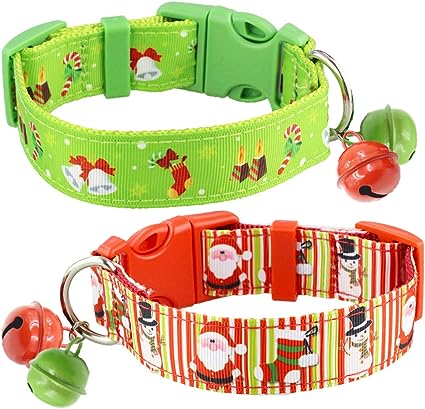 Photo 1 of 2 Pack Cute Soft Adjustable Sturdy Nylon Festive Christmas Holiday Collars with 2 Bells for Medium to Large Dogs, 1 Inch Wide (12"-17")
