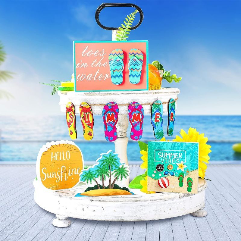 Photo 1 of 10 Pieces Summer Tiered Tray Decor Signs Set Summer Hawaii Farmhouse Decor Summer Beach Slippers Sunshine Tiered Tray Mini 3D Wood Signs for Kitchen Holiday Party Home Decoration (Hawaii)
