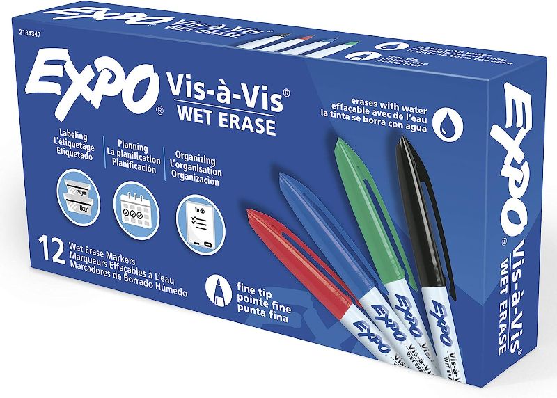 Photo 1 of EXPO Vis-a-Vis Wet Erase Markers, Fine Point, Assorted Colors, 12 Count
