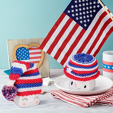 Photo 1 of 8 Pieces Marshmallow Mug Hat Crochet Mug Topper Hat Mini Mug Decorative Hat Cover for Patriotic Theme Party Independence Day Coffee Cocoa 4th of July Mug Tiered Tray Decoration