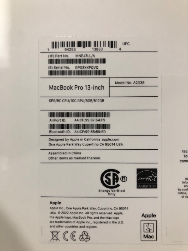 Photo 1 of Apple 2022 MacBook Pro Laptop with M2 chip: 13-inch Retina Display, 8GB RAM, 512GB Touch Bar, Backlit Keyboard, FaceTime HD Camera. Space Gray