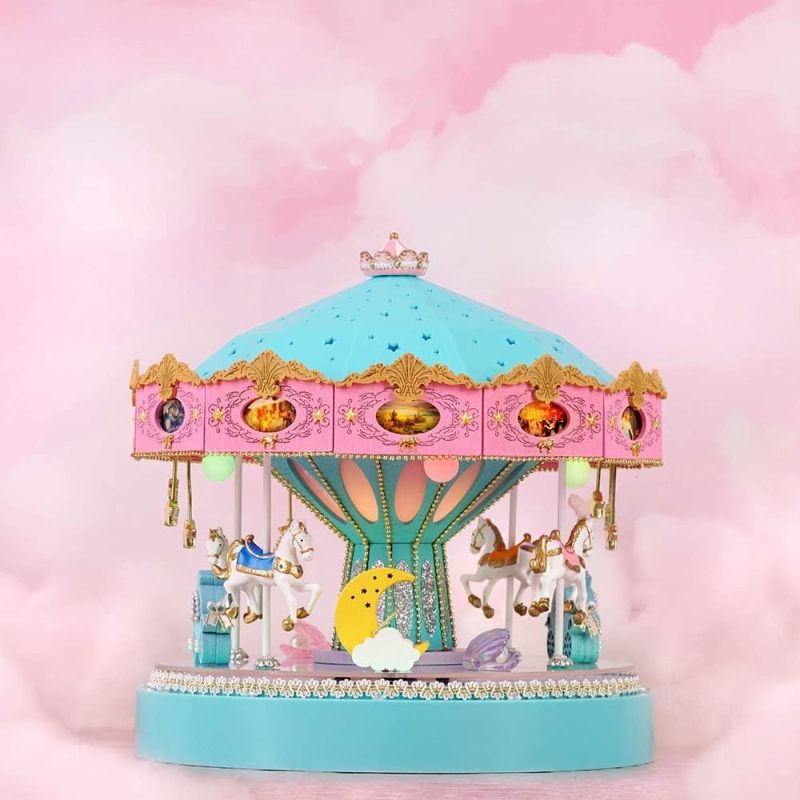 Photo 1 of Aiwnijo DIY/Handmade Wooden Cute Colorful Lights/Carousel Music Box Assembly kit/Toys for Girls/Birthday Gift Set(Blue) 