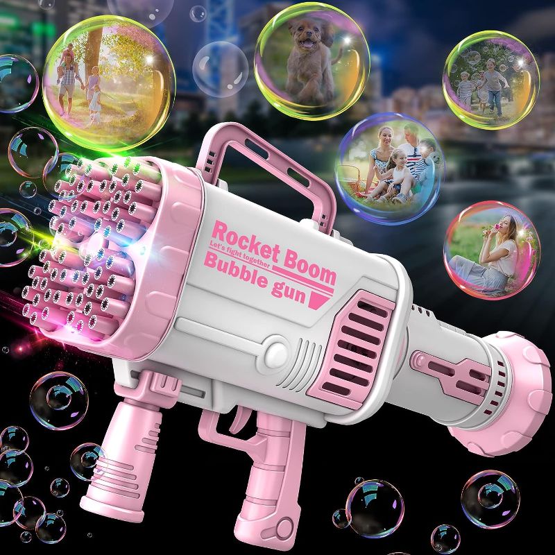 Photo 1 of AZfiner Bubble Machine Gun - 64 Holes Bubble Machine with Lights Electric Bubble Maker with Bubble Solution Bubble Blower Summer Toys for Kids Bubble Guns for Wedding Birthday Party - Pink