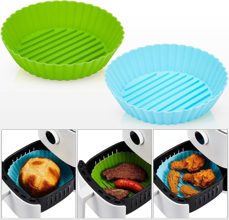 Photo 1 of 2 Pcs Air Fryer Silicone Pot Air Fryer Oven Accessories Air Fryer Liners Basket Replacement for Flammable Parchment Liner Paper No Need to Clean the Air Fryer for 3 to 5 Qt (Handle Style, Blue, Green)