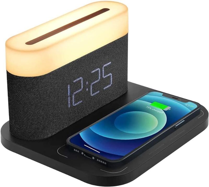 Photo 1 of eelon Digital Black Alarm Clock with Wireless Charging Station Touch Bedside Lamp 15W LED Display